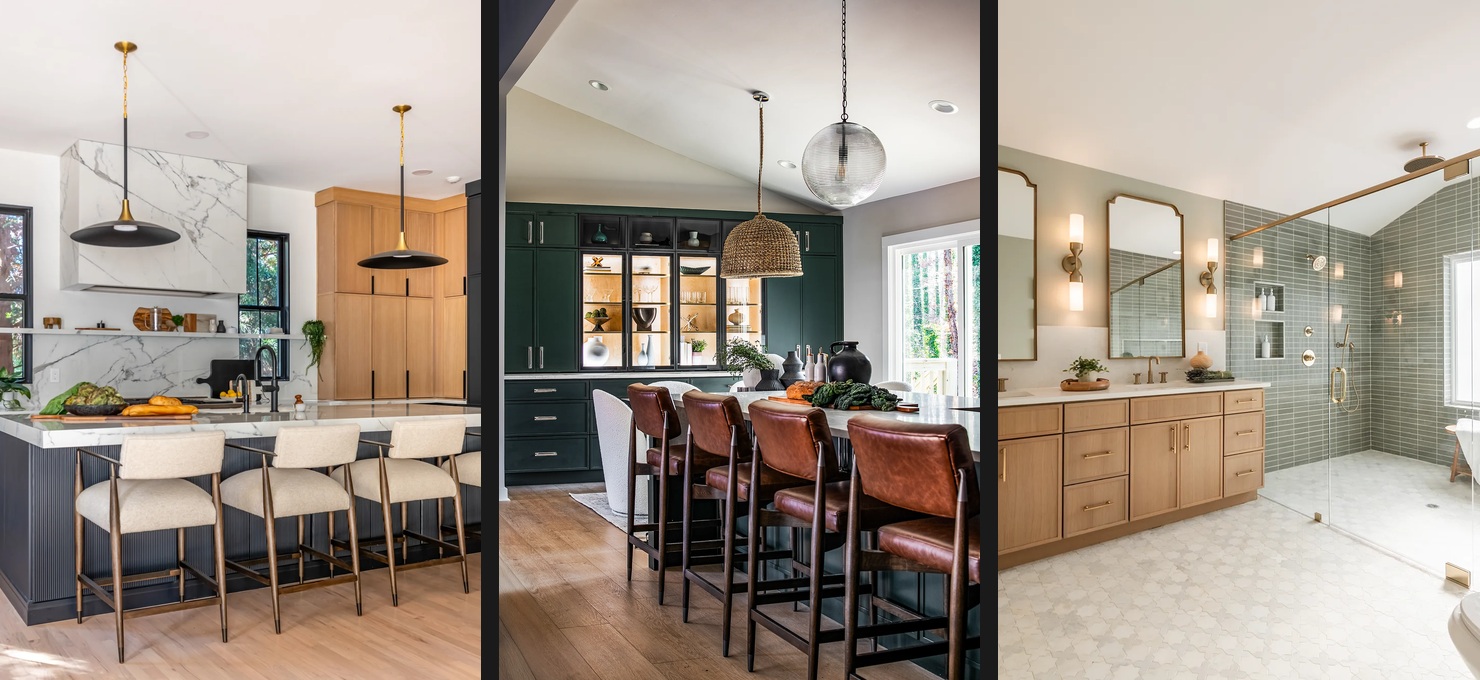 Three Magnolia projects featuring a kitchen, dining built-in, and bathroom vanity